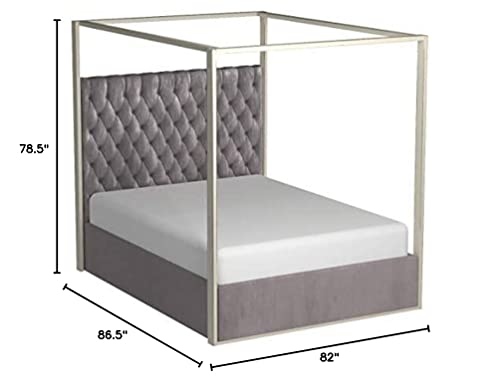 Meridian Furniture Porter Collection Modern | Contemporary Velvet Upholstered Bed With Deep Detailed Tufting And Chrome Canopy, Grey, King #TOP2