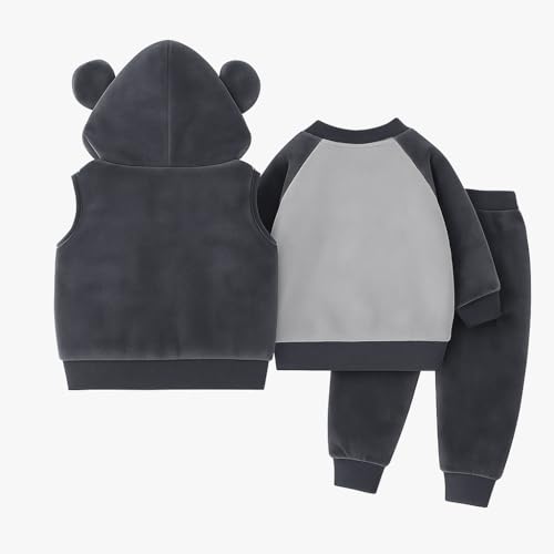 Image of Bold N Elegant Cotton Blend Cute Cartoon Bear Graphics Winter Warm Sweatshirt Hood Jacket And Jogger Pant 3 Pc Layering Clothing Set For Infant Toddler Kids