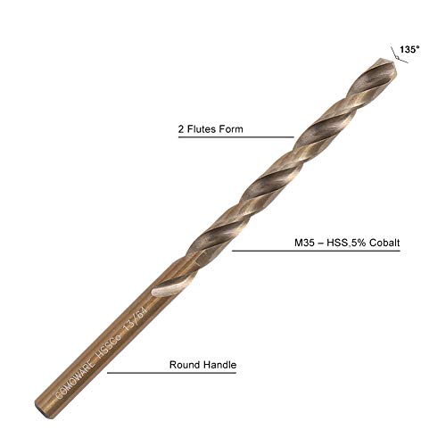 COMOWARE Cobalt Drill Bit Set- 13Pcs M35 High Speed Steel Twist Jobber Length for Hardened Metal, Stainless Steel, Cast Iron and Wood Plastic with Metal Indexed Storage Case, 1/16