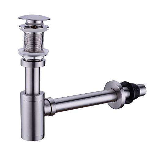 GORDEE Bathroom Sink Stopper P-Trap Complete Set Adjustable 1-1/4 Bottle Trap Solid Brass Sink Drain Kit Tube and Pop Up Drain Stopper Set without Overflow, Brushed Nickel