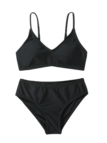 MakeMeChic Girl's Solid Summer Bikini Sets Two Piece Bathing Suit V Neck Adjustable Strap Swimsuit Swimwear Black 12 Years