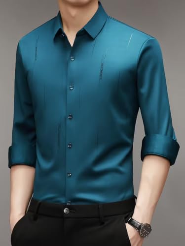 Image of IndoPrimo Men's Regular Fit Satin Designer Shirt with Stylish Vertical Line Sequence | Long Sleeve Formal & Casual Button Down Shirt for Casual and Party Look