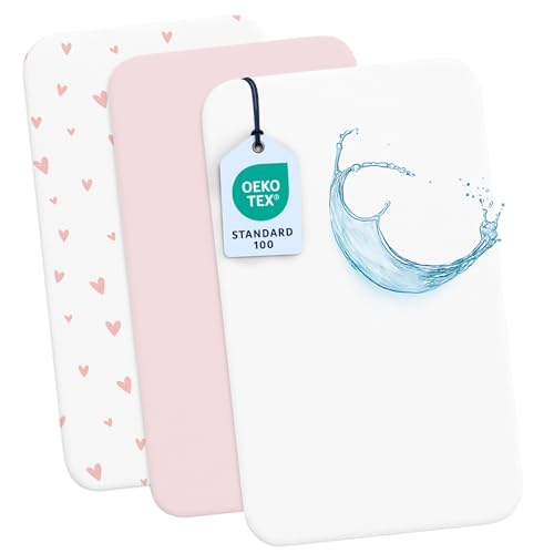 Dreamzie 2 Sabanas Minicuna + 1 Protector Colchón Cuna Impermeable Bebe⎥100% Algodón para Cuna, Moisés - 55x90 cm Estampado Heart