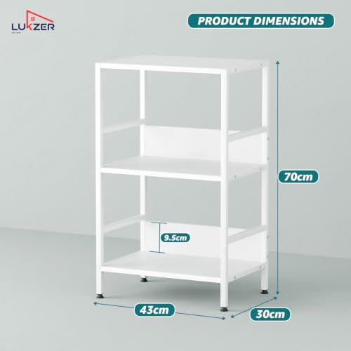 Image of Lukzer 3-Tier Wooden Bedside Table for Bedroom & Multipurpose Open Storage Shelf (MMR-006-White & White) Metal Side Tables for Living Room & Space-Saving Kitchen Organizer Rack (70 x 43 x 30 cm)