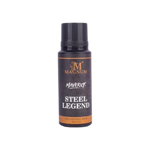 Image of Magnum Maverick Steel Legend Men's Body Spray - Aromatic Woody Fragrance with Bergamot, Lavender & Sandalwood | Smooth Long-Lasting Scent for Office & Everyday Wear | 150ml