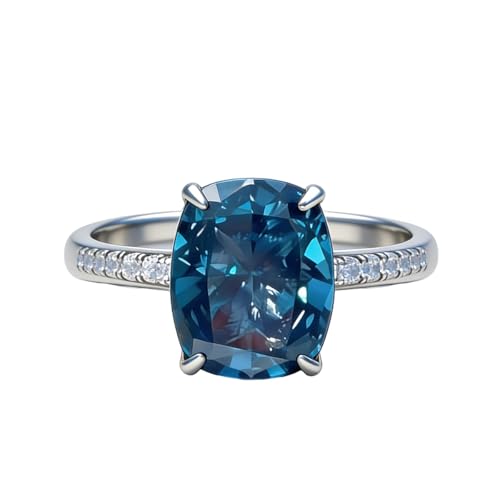 Square-Cut Blue Topaz Halo Cubic Zirconia CZ Engagement Rings Wedding Party Statement Cocktails Classic Sapphire 925 Sterling Silver Solitaire Diamond Anniversary Promise Ring For Women Size 10