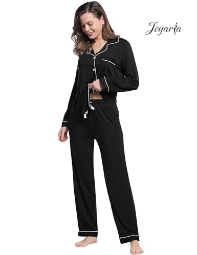 Image of Joyaria Women's Cooling Bamboo Viscose Pajama Set Long Sleeve Button Front | Hot Sleeper Comfort . Cooling Relief . Lightweight Feel for Sleeping & Lounging