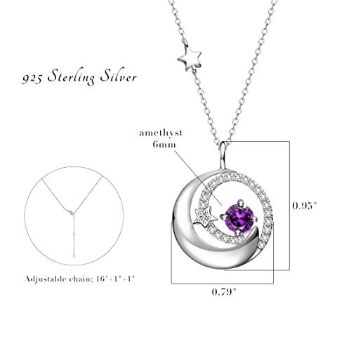 925 Sterling Silver February Birthstone Genuine Amethyst Necklace Moon Star Pendant Natural Purple Gemstone Jewelry Birthday Anniversary Christmas Gifts For Women Girls Daughter, Adjustable Chain #TOP5