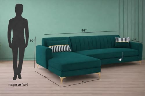Image of Adorn India Premium Luster 8 Seater L Shape Sofa Set with 2 Puffy & 1 Center Table | Velvet Suede Fabric | 3-Year Warranty | LHS | Ocean Blue with Golden Legs & Striped Pattern Cushion