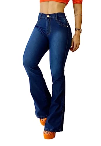 Calça Jeans flare cintura alta com elastano boca larga (44, Azul escuro)