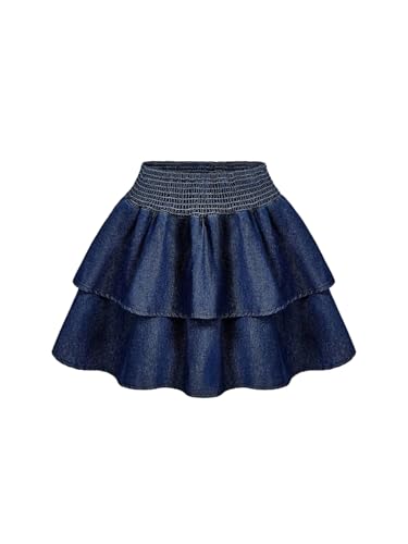 Women's Ruffle Flowy Tiered Layered Denim Mini Skirt Y2k Shirred Elastic Waist A Line Jean Skirts