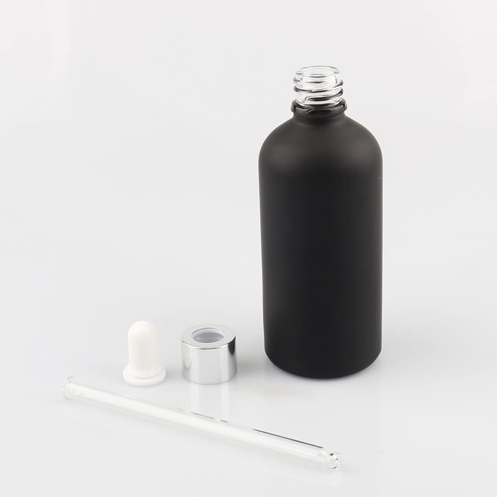 Sprühflasche aus Kunststoff, 12er-Pack, 100 ml, leer, mattiertes schwarzes Glas, Tropfer mit silbernem Schraubverschluss für ätherische Öle, Aromatherapie-Mischungen, Ko