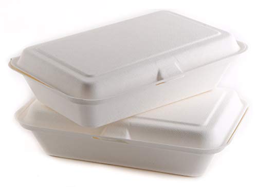 EcoQuality [500 PACK] White 6 x 9 x 3 in. Compostable Clam Shell Hinged Take Out Food Container - Sugarcane Bagasse, Tree Free - Restaurant Supplies,Microwavable,Bidodegradable,Recyclable (Rectangle)