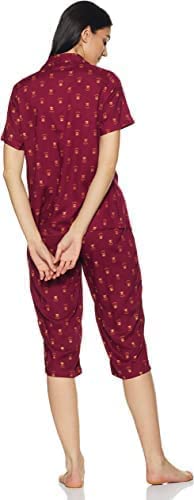 Image of Longies Women's Rayon Pyjama Night Suit Regular Capri Set ((LGRCSSY012 Red Large) L)