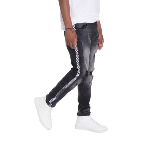 Men's Denim Checkered Tape Pants, Regular to Skinny Fit, Multiple Colors, Waist Sizes 30-38, Distressed Style