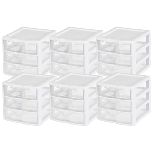 Sterilite Clearview Plastic Multipurpose Small 3 Drawer Desktop Storage Organization Unit for Home, Classrooms, or Office Spaces, White, 6 Pack