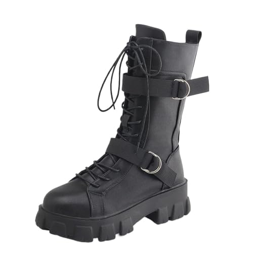 Women’s Leather Buckle Strap Platform Combat Boots Fashion Round Toe Lace up Side Zipper Lug Sole Punk Low Chunky Heel Mid Calf Booties Casual Biker Motorcycle Booties