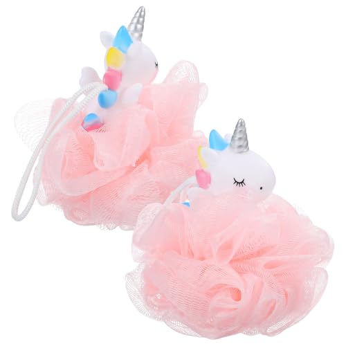 Hoement Bolas de baño exfoliantes unicornio para 2 piezas, esponjas vegetales para ducha y cuidado corporal, material PP y PE, color rosa, limpieza para piel sensible
