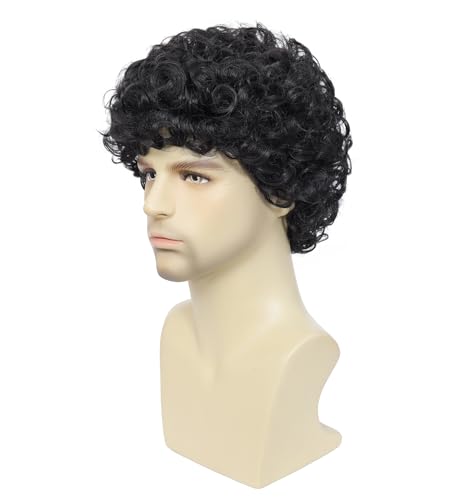 Image of Men's Short Disco Afro Curly Wig 70s 80s, Vintage Fluffy Kinky Curly Wig for Cosplay Halloween Party (Black)