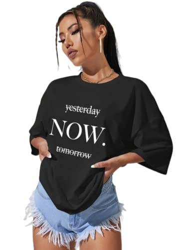 Image of MyTees Pure Cotton Oversized T Shirts for Women Casual Printed Baggy Oversized Round Neck Drop Shoulder Tshirt Black T-Shirt Size S to XL