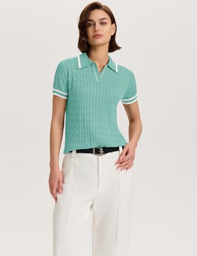 Image of Micoson Womens Short Sleeve Sweater Tops Lapel V Neck Polo Shirts 2026 Summer Cable Knit Loose Blouse Business Casual Outfits
