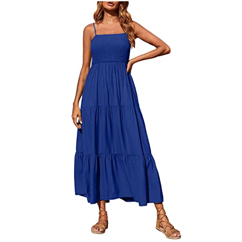 HotsAlifes Vestidos para mujer con tirantes delgados, vestidos bohemios para mujer, de verano, sin mangas, plisado, maxivestido casual, para salir, senderismo, vacaciones, vacaciones, 2 azul marino.,