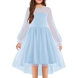 Arshiner Girls Dresses Contrast Mesh Long Sleeve Twirly High Low Birthday Party Formal Dress