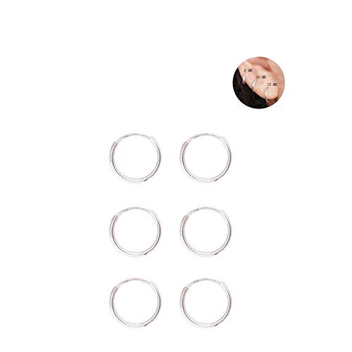 3 Pairs Sterling Silver Small Endless Hoop Earrings Set, Unisex Cartilage Earrings Nose Lip Rings Body Piercing Jewelry 8MM