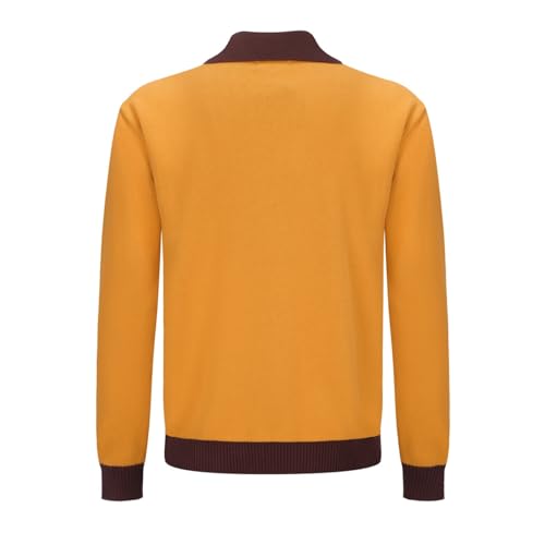 OXKNIT Men's Knit Polo Shirts Full Zip 1960s Style Retro Long Sleeve Cotton Yellow Cardigan Sweater2