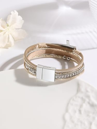 Cross Leather Wrap Bracelets Christian Religious Baptism Bangle Cuff Boho Multi-Layer Rhinestones Bracelet Bangle Confirmation Gifts Beige Stacked Bracelet Trendy Braided Leather Wristbands4