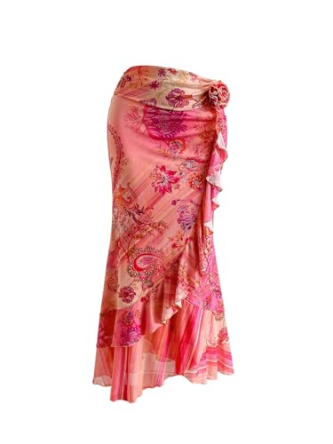 Milumia Women's 3D Floral Asymmetrical Ruffle Trim Skirt Boho Low Waist Skinny Maxi Skirts