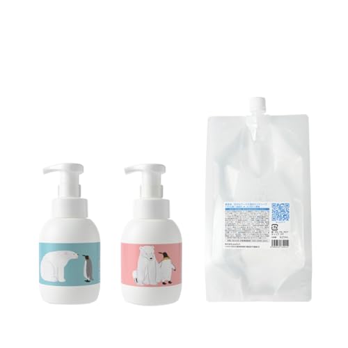 石けんワークス 無添加 泡 の ハンドソープ つめかえ用 625ml (日本製/無添加石けん/香料 、 防腐剤 、 着色料 、 合成界面活性剤不使用)+泡用 ポンプ容器 2種 350mL サイズ (1, シロクマとペンギン)