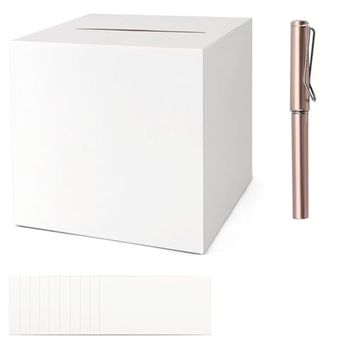 KASURE Urne Mariage Carton pour Enveloppe et Cartes 22 * 22 cm,Blanche, Idéale pour Mariage, Baptême, Anniversaire, Diplôme avec 10 Cartes & Stylo Doré