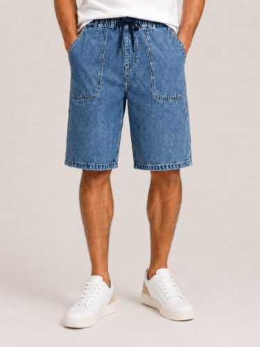 Image of GRECIILOOKS Denim Shorts for Men Stylish | Casual Knee Length Washed Jorts | Regular Fit Jeans Half Pant for Men with Distressed Design | Bermuda Mens Shorts for Summer Travel Streetwear