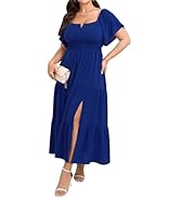 SCOMCHIC Womens Plus Size Maxi Dress Formal Short Sleeve Square Neck Smocked Side Split Flowy A L...