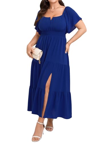 Image of SCOMCHIC Womens Plus Size Maxi Dress Formal Short Sleeve Square Neck Smocked Side Split Flowy A Line Tiered Long Dress