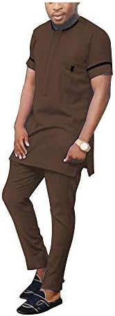 Tracksuit Men African Clothing Short Sleeve Blouse and Pants Suit Crop Top Dashiki Shirts Pockets Plus Size Casual