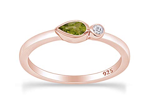 Pear Cut Simulated Peridot And White Natural Diamond Accent Bezel-Set Stacking Engagement Wedding Band Ring In 14K Rose Gold Over Sterling Silver Ring Size-6.5 #TOP18