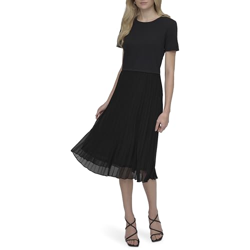 DKNY Women's Short Sleeve Jewel Neck Pleated Skirt Keyhole Midi Dress2