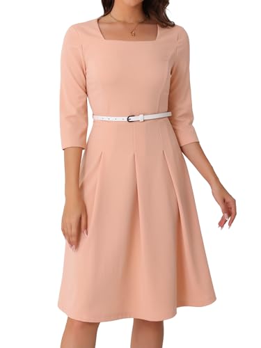 Image of Allegra K Work Dress for Women's Square Neck 3 /4 Sleeve Belted Wedding Guest Church Pleated Midi Dresses