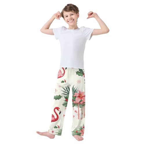 Flamingo Christmas Floral Boys Long Pants Soft Trousers Elastic Waist Kids Lounge Bottoms with Pockets S-XL2