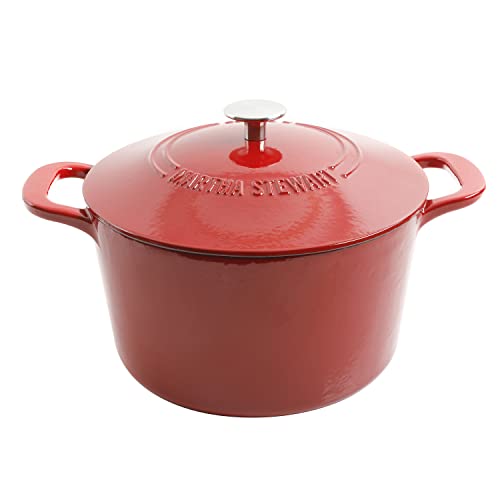MARTHA STEWART Gatwick 7-Quart Enamel Cast Iron Dutch Oven – Red Ombre – Heavy-Duty Dutch Oven for Slow Cooking, Braising & Baking