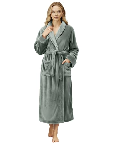 NY Threads Premium Womens Robe, Plush Fleece Long Bath Robe for Women, Fluffy Soft Women's Bathrobe, Medium, Steel Grey