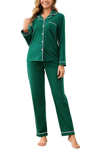 Image of 100% Cotton Pajama Sets for Women 2 Piece Long Sleeve Button Down Pjs Soft Comfy Ladies Sleepwear Lounge Sets S-XL