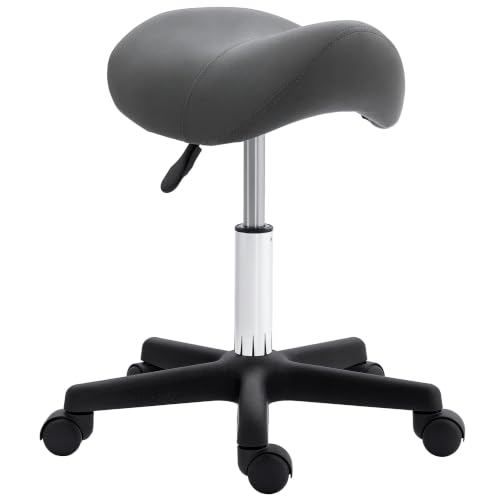 Image of HOMCOM Saddle Stool Adjustable Rolling Salon Chair with Steel Frame Grey