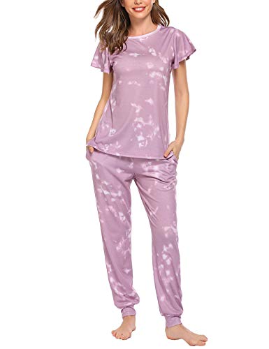 Ekouaer Two Piece Pajama Set Tie Dye Printed Short Sleeve Tops and Long Pants Summer Loungewear Sets XL