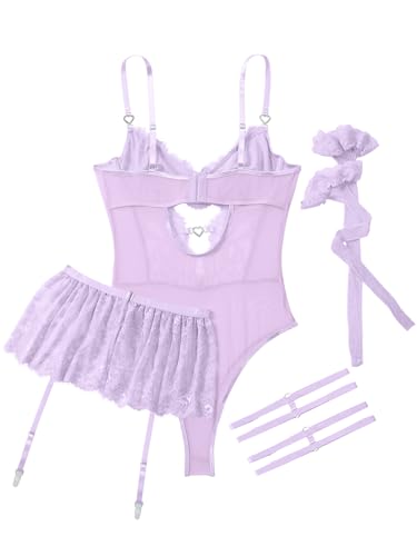 Image of Lilosy Sexy Lingerie Set 3 Piece Women Corset Bodysuit Skirt | Rhinestone Heart Stocking Garter Plus Size Underwire Mesh Sheer Lace Push Up Babydoll Halloween Christmas Valentine's Bridal