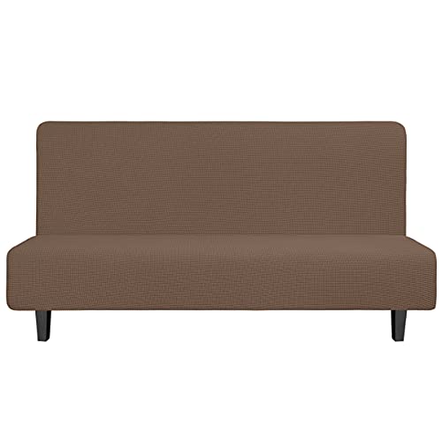 Image of Easy-Going Stretch Large Futon Slipcover Armless Futon Cover Brown | Sofa Bed Furniture Protector Without Armrests with Elastic Bottom for Kids, Soft Jacquard Machine Washable
