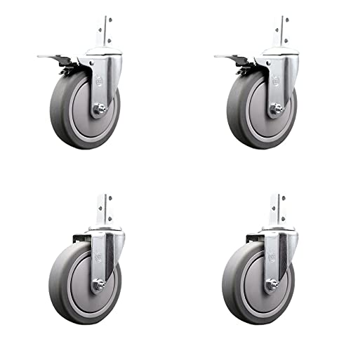 Swivel Square Stem Caster Set 4 w/5” x 1.25” Gray Thermoplastic Rubber Wheel - 7/8” x 2” Square Stem with (3) 17/64” Diameter Mounting Holes - Includes 2 Total Lock Brakes - Service Caster Brand