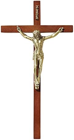 James Brennan Walnut Wood Gold Corpus Slim Religious 10 Inch Wall Cross Crucifix